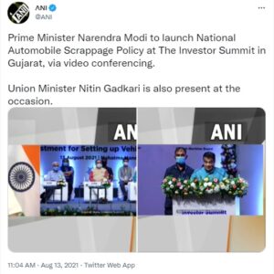 PM MODI LAUNCHED NATIONAL AUTOMOBILE SCRAPPAGE POLICY TODAY VIA VIDEO CONFERENCING