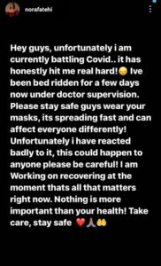 NORA FATEHI TESTS POSITIVE FOR COVID-19